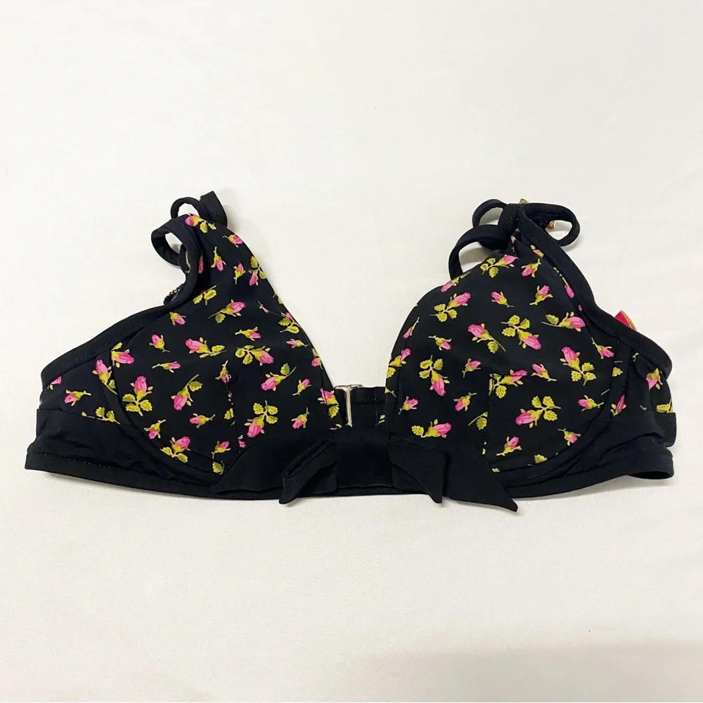 •SOLD• Betsey Johnson Vintage Black, Pink & Leopard Ditsy Floral Print Bikini - Picture 7 of 11